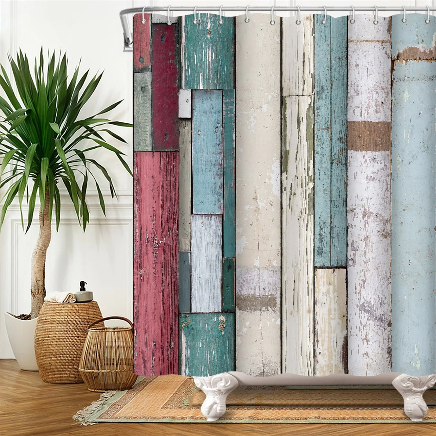 Rustic Grunge Style Wood Panel Plank Fence Shower Curtain Polyester Bathroom Fabric For Home Decor Bathtub Decor With Hooks