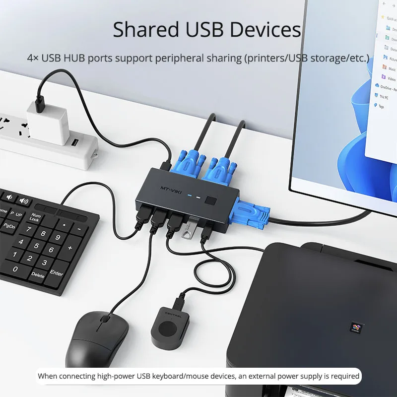 MT-VIKI 2-Port VGA KVM Switch 2 Computer Sharing Box for Monitor Keyboard Mouse 2 in 1 Out VGA USB Switcher for PC MT-KV2