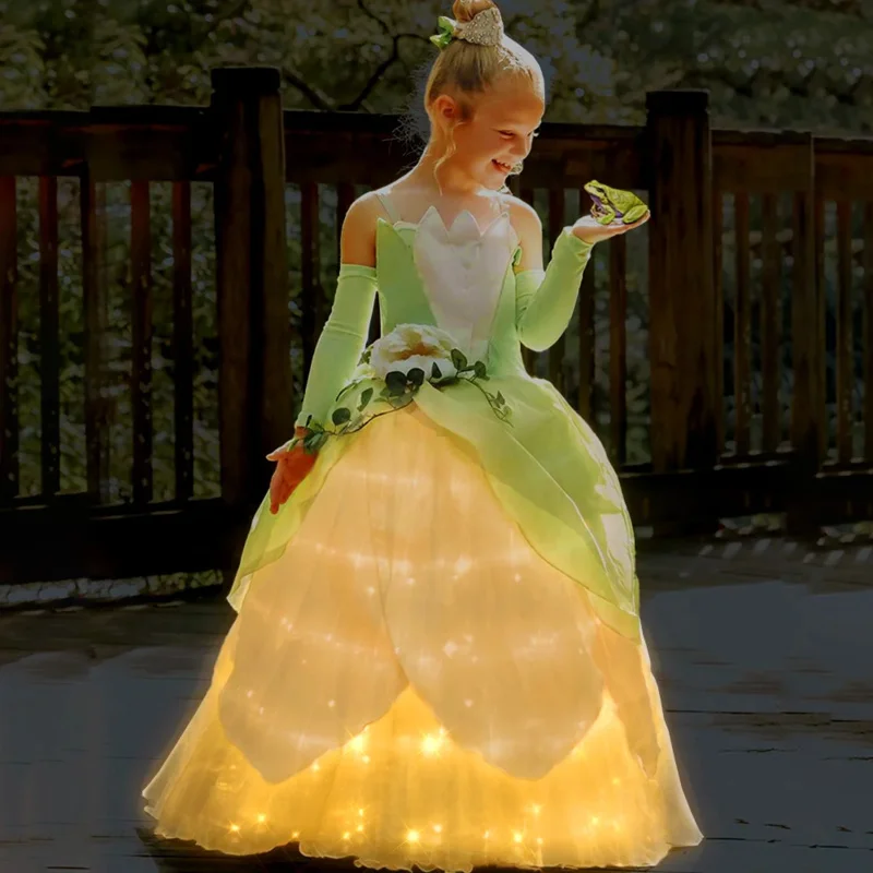 Uporpor Tiana Princess Girls LED Light Up Dress Cosplay Party Halloween Elves Costume Party Infant Green Shoulderless Ball Gown