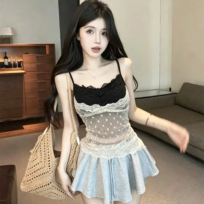 Vintage Polka Dot Fashion Lace Backless Cami Bodysuit for Women Mock Layered Padded Bra Top Slimming See Through Clubwear Outfit