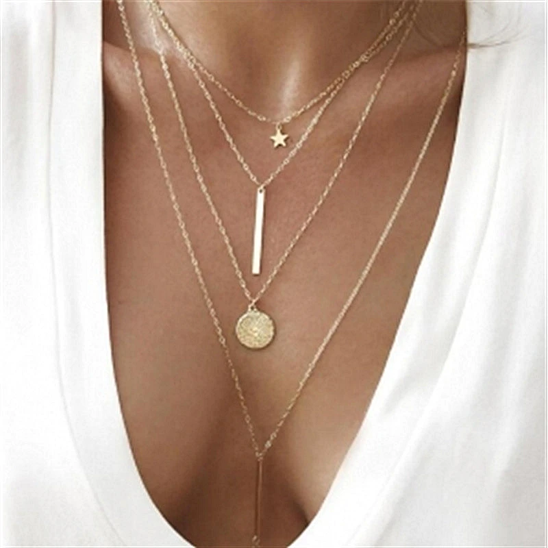 Bohemian Women Necklaces Star Geometric Round Multi Layer Necklace & Pendants Charm Bar Statement Necklace For Women
