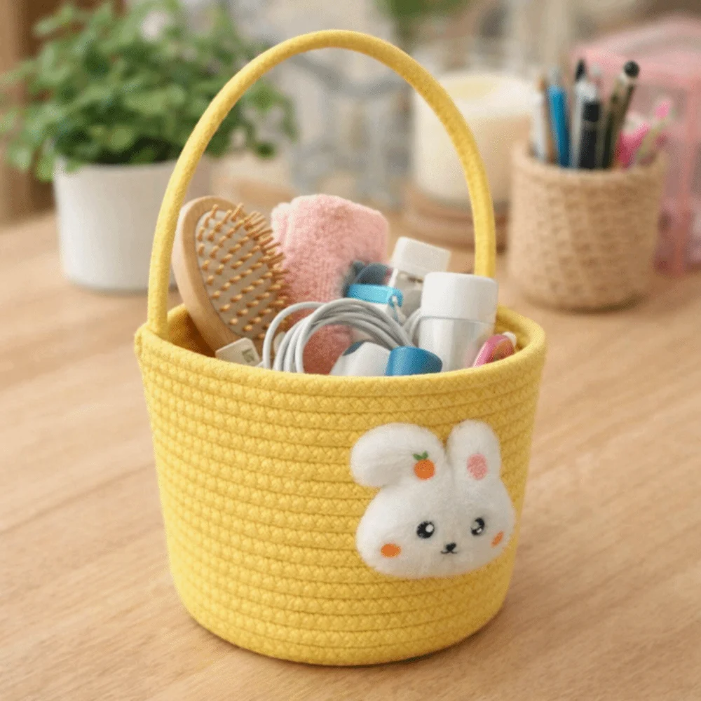 

Cartoon Easter Gift Basket Hand-Woven Cotton Thread Gift Storage Basket Multi-Purpose Long Handle Easter Bunny Basket
