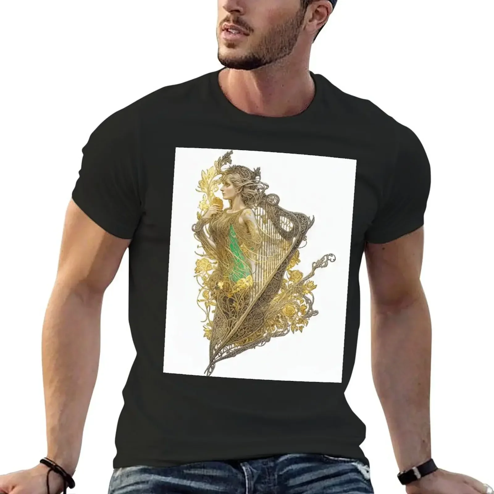 Art Deco Harp Design Postcard, flowers, Celtic harp, clarsach Romantics T-Shirt graphic tee shirt blue archive sweat shirts, men