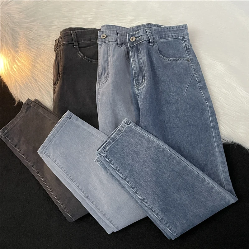 

2024 Fashion Men Spring Summer Solid Color Thin Jeans Male Casual Loose Straight Pants Mens New Students Denim Trousers F207