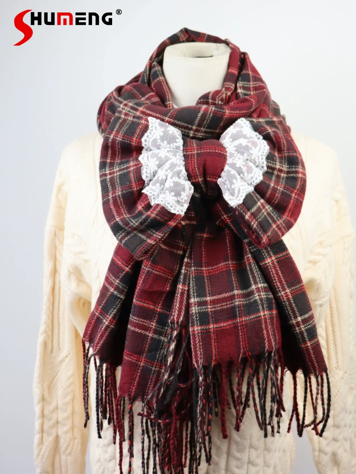 Japanese Style Sweet Burgundy Plaid Scarf Women's Autumn and Winter New Warm Big Bow Scarf Ladies Casual Versatile Lolita Scarf