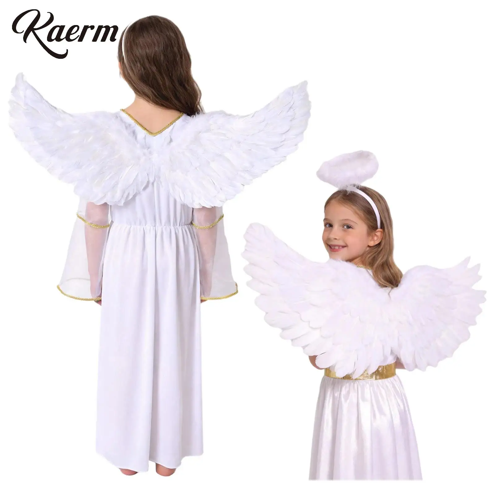 

Girls Angel Cosplay Costume Long Sleeve White Angel Dress with Feather Wings Hair Hoop Set Halloween Princess Greek God Robe