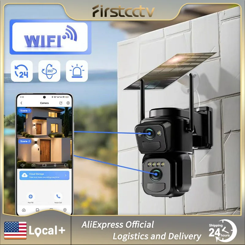 FIRSTCCTV WiFi Color Night Solar Camera Dual Lens HDCamera PIR Mobile Tracking Vision Outdoor Camera IP66 Waterproof CCTV