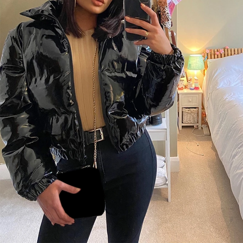 Women Winter Long Sleeve Zipper Puffer Jacket Stand Collar Shiny Metallic Faux Leather Cropped Puffy Bubble Coat Quilted Parkas