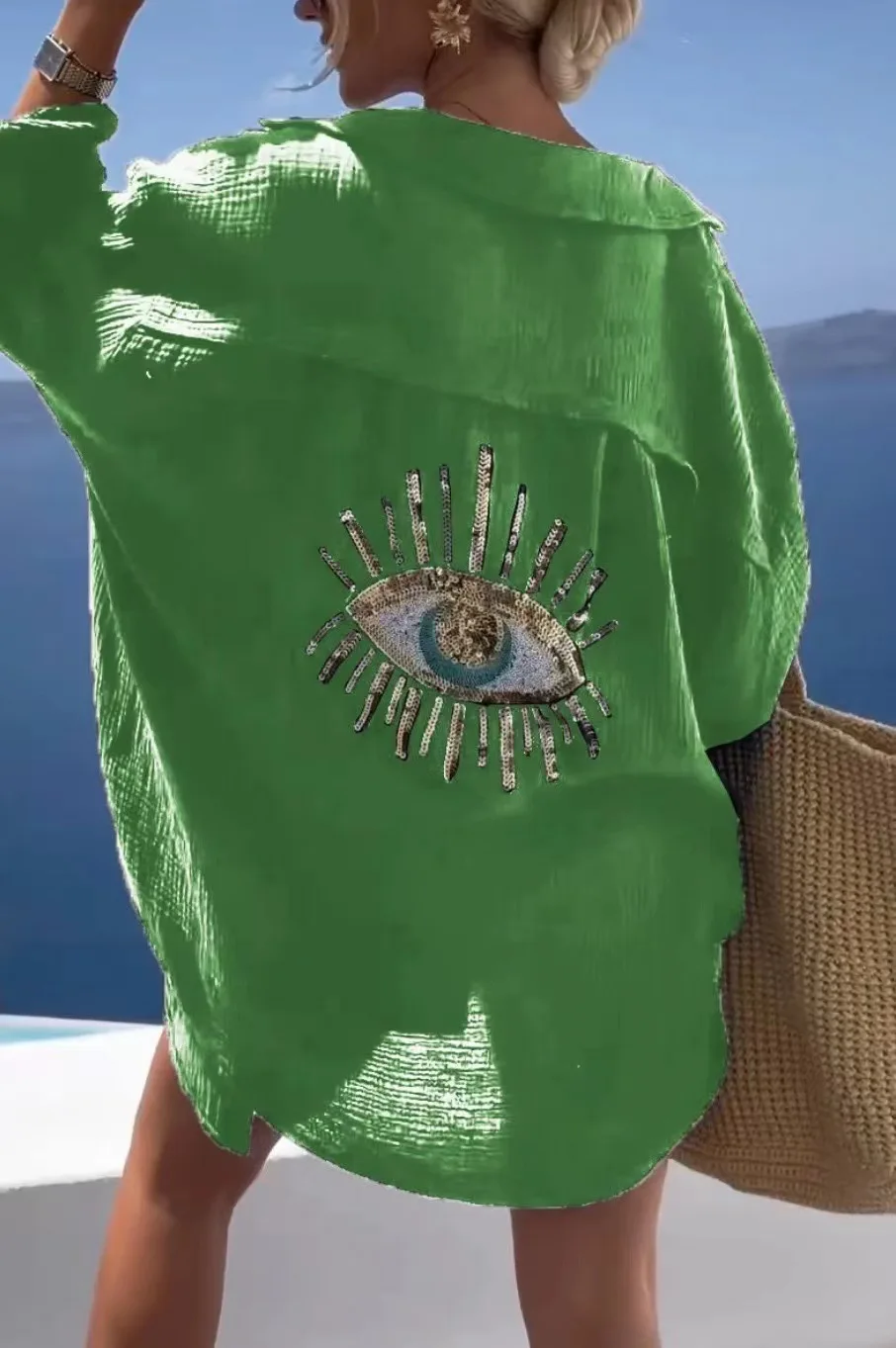 Casual brilhante lantejoulas mau olhado camisa feminina verão moda manga longa solta blusa longa streetwear turn-down colarinho algodão topos
