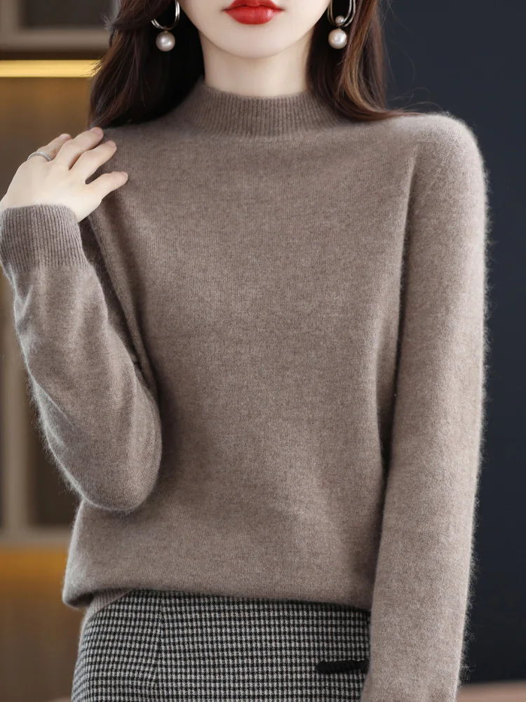 Women Cashmere Sweater 100% Merino Wool Pullover Mock Neck Knitwear Long-Sleeve Casual Fashion Tops Autumn Winter Clothing