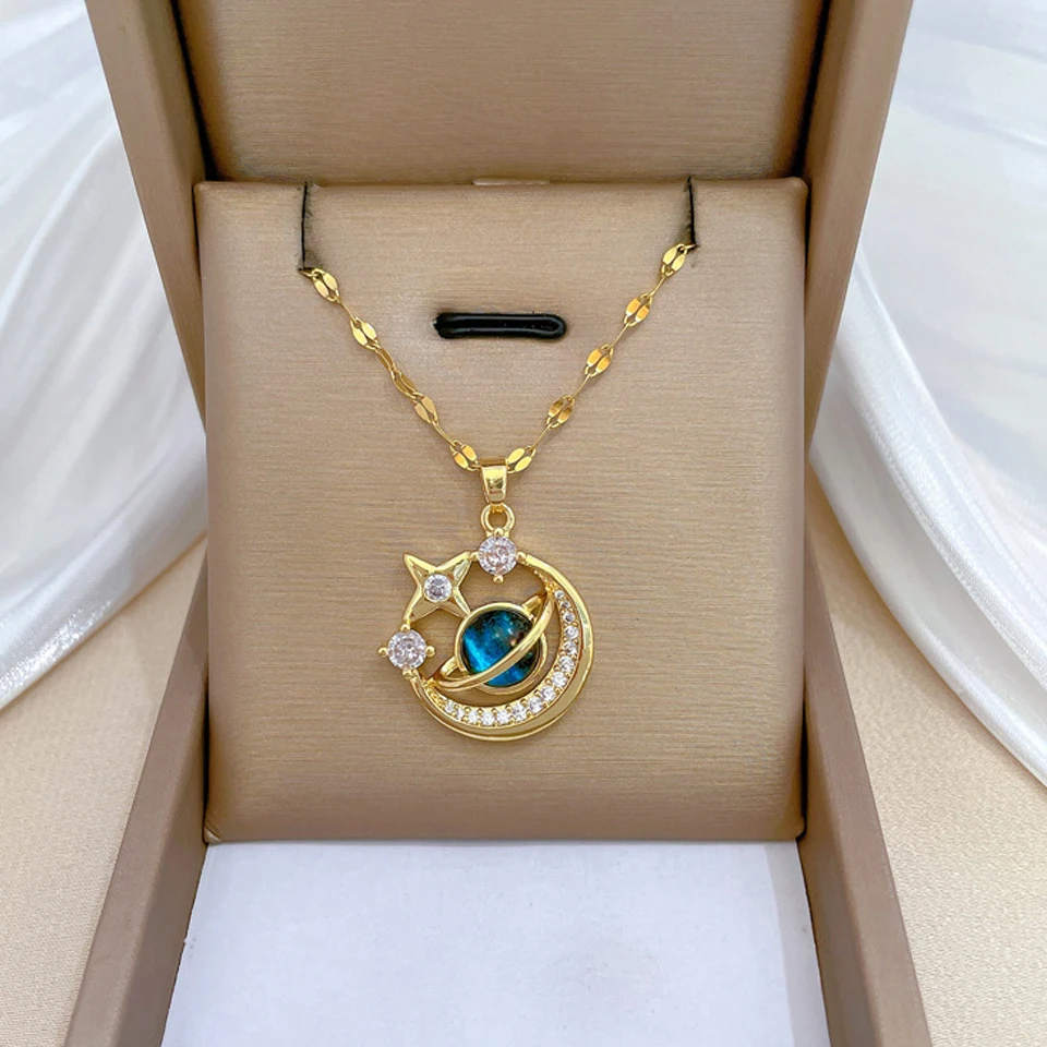 Licht Luxus Titan Stahl Stern Serie Halskette für Frauen Gold Farbe Planet Mond Astronaut Anhänger Halsketten Schmuck Geschenke