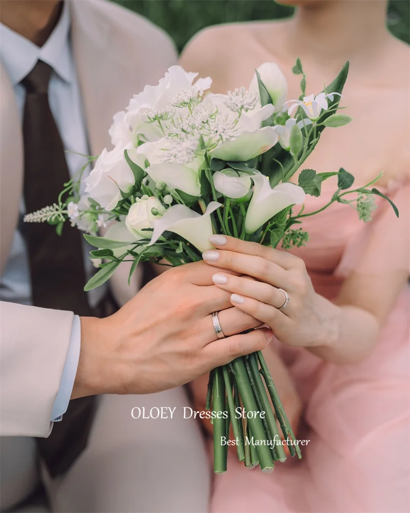 OLOEY-vestidos de princesa rubor de tul rosa para baile de graduación, hombros descubiertos, mangas cortas, sesión de fotos de Corea para vestido de boda, corsé trasero