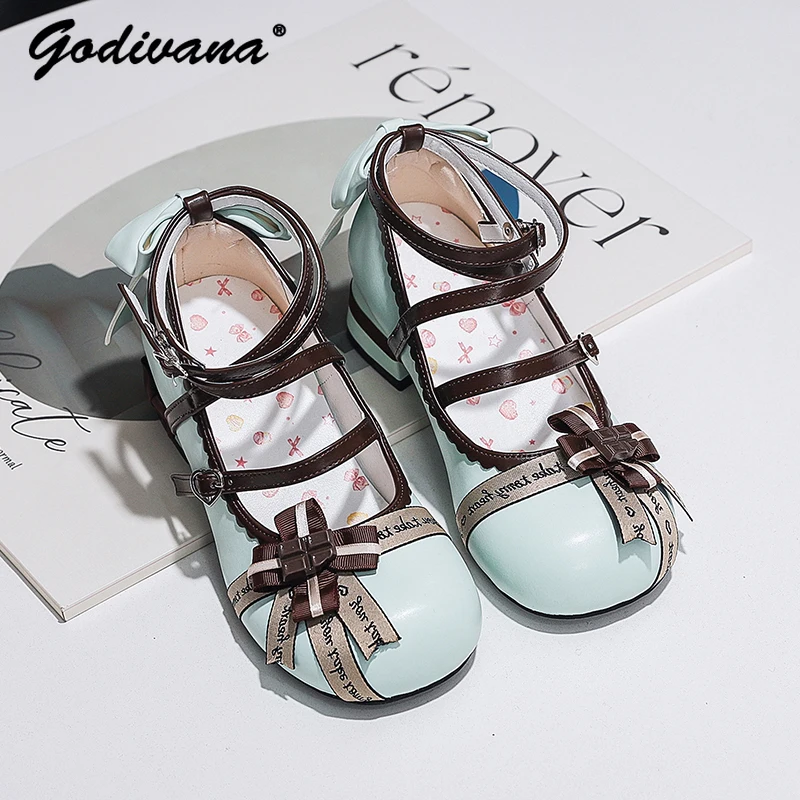 

Туфли Лолиты с круглым носком и милым бантом, новые весенне-летние женские кожаные туфли на среднем каблуке для девочек, туфли Мэри Джейн на высоком каблуке