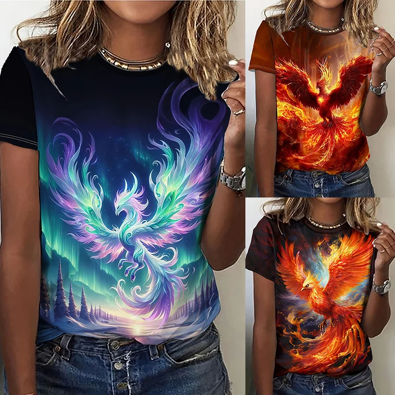 Fashion Women's Crew Neck Short Sleeve T-shirt Printed 3D Phoenix Oversized Women's Loose Top T-shirt Summer Casual T-shirt