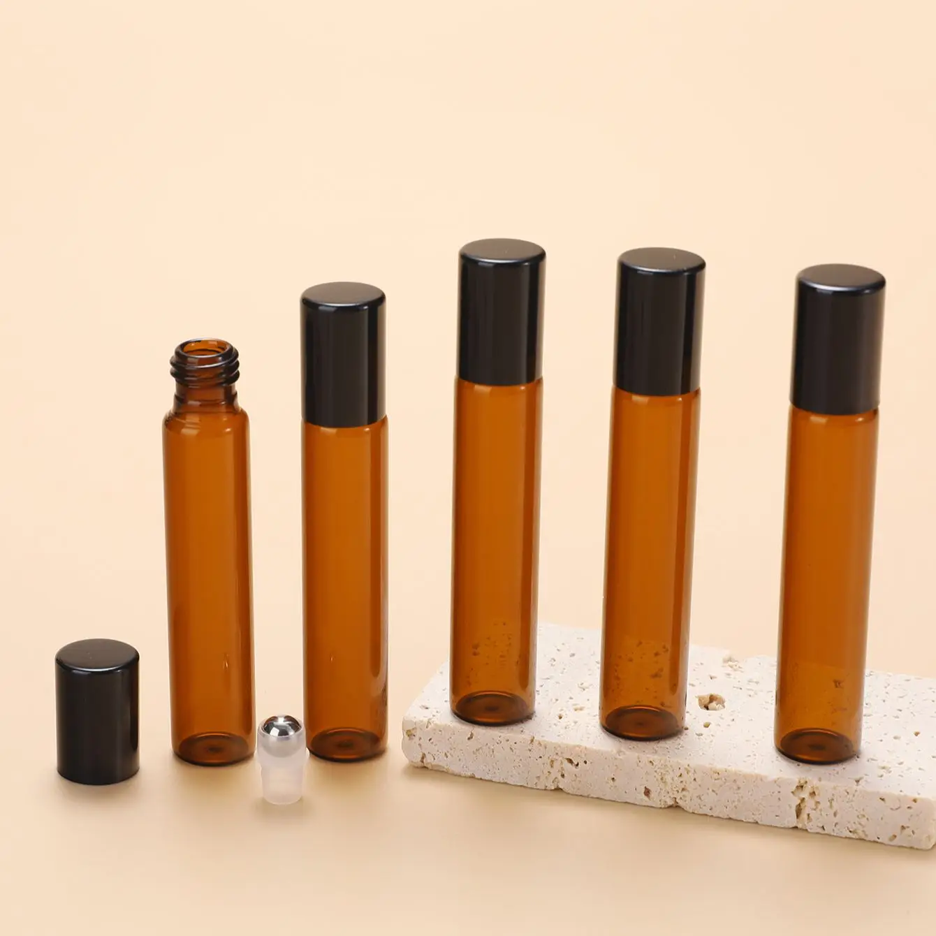 5 Refillable Glass Essential Oil Bottles, Amber Glass Bottle Rollerball Perfume Bottle, Stainless Steel Ball Hollow Travel Rolle