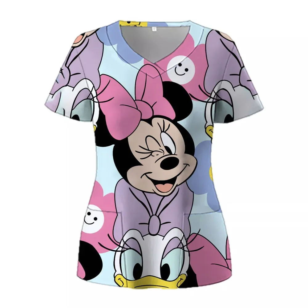 T Shirts Minnie Mouse T-shirts V Neck Woman Clothes Hospital Tops Disney Top Women 2025 Nurse Uniform T-shirt Pocket Summer Tees