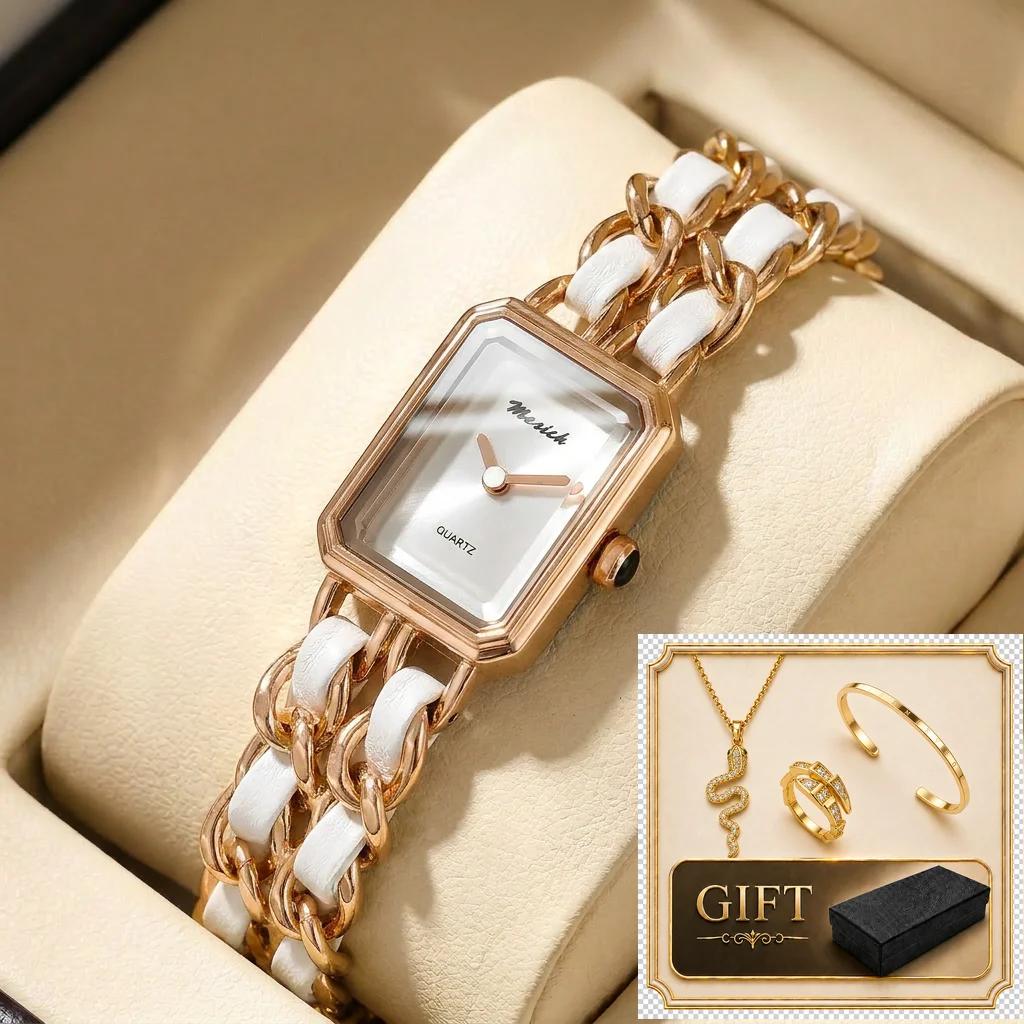 

4pcs gift box set Women's white dial alloy strap fashion rectangular bracelet details Quartz Watch Gift Box Set for party