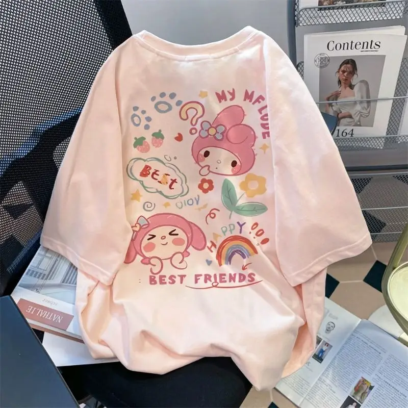 

My Melody Pure Cotton T-shirt Cute Cartoon Printing Pattern Tops Summer New Fashion Comfort Trend Versatile Loose Tops Gifts