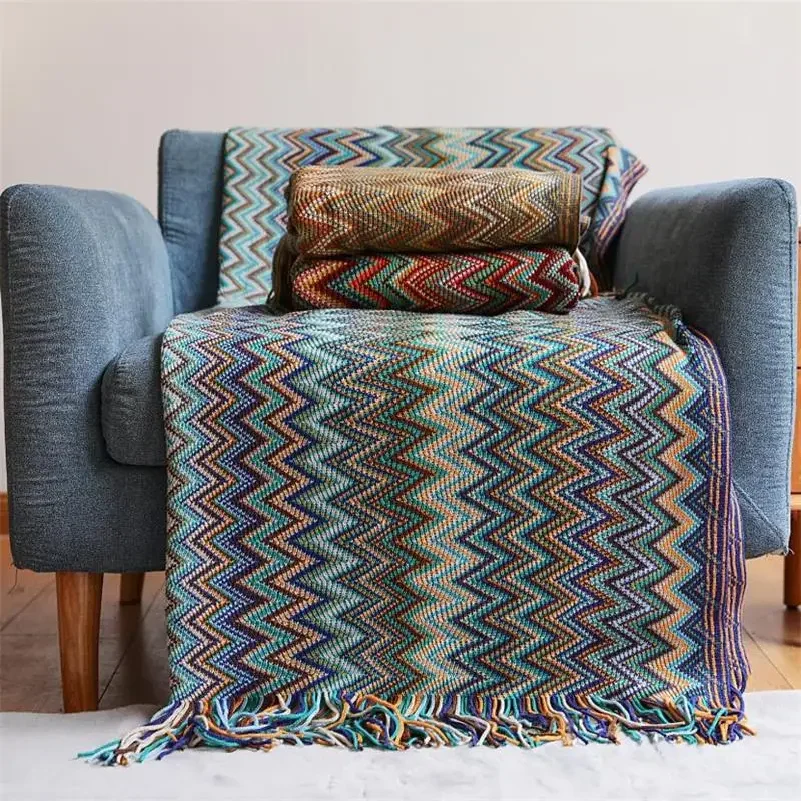 

Hand Knitted Blanket with Tassel Summer Blanket Bed Sofa Travel Breathable Chic Bohemian Soft Comfortable Blanket