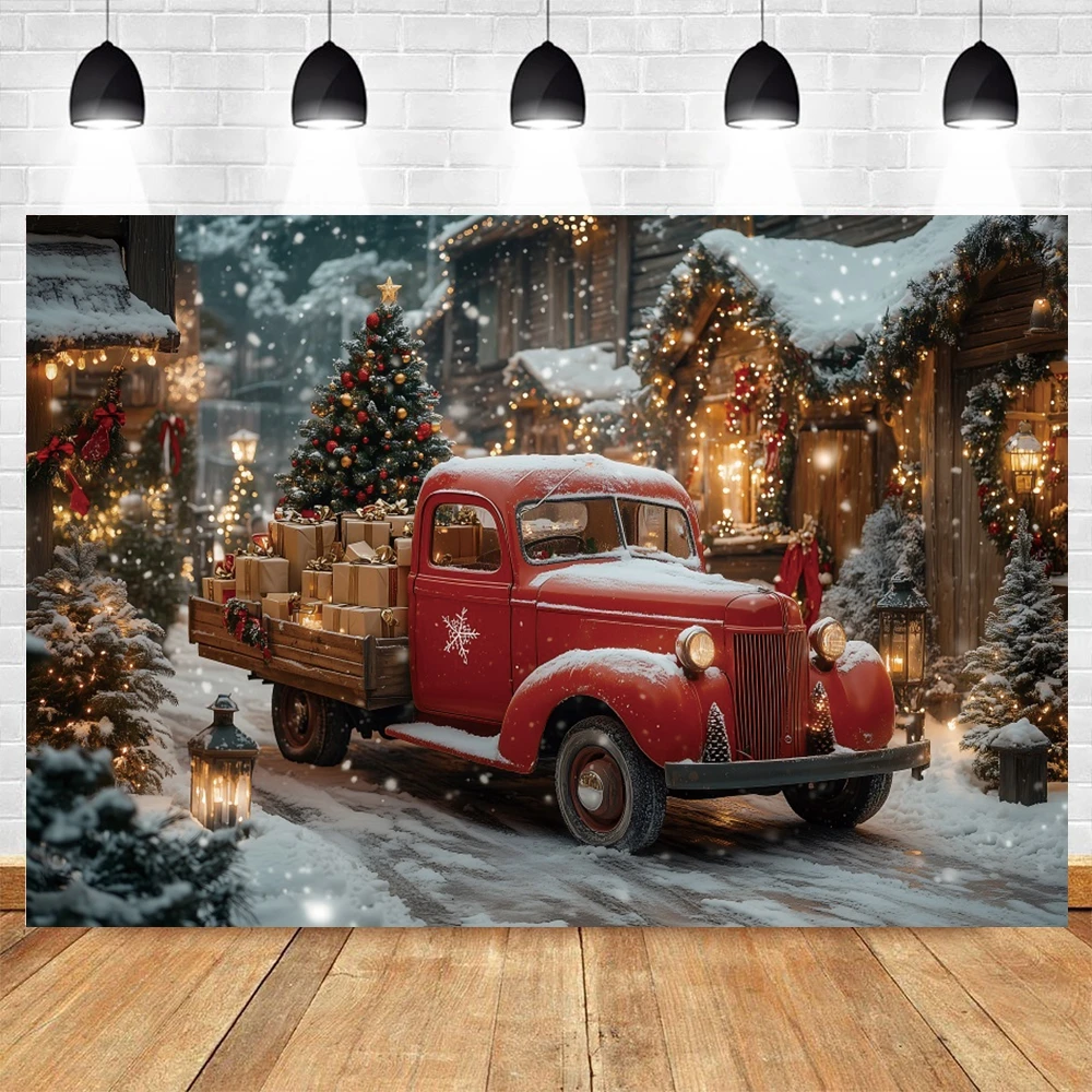 Christmas Red Truck Backgrounds For Photographs Gift Xmas Trees Wooden Cottage Snowfall Lanterns Kids Adult Photo Decor Backdrop