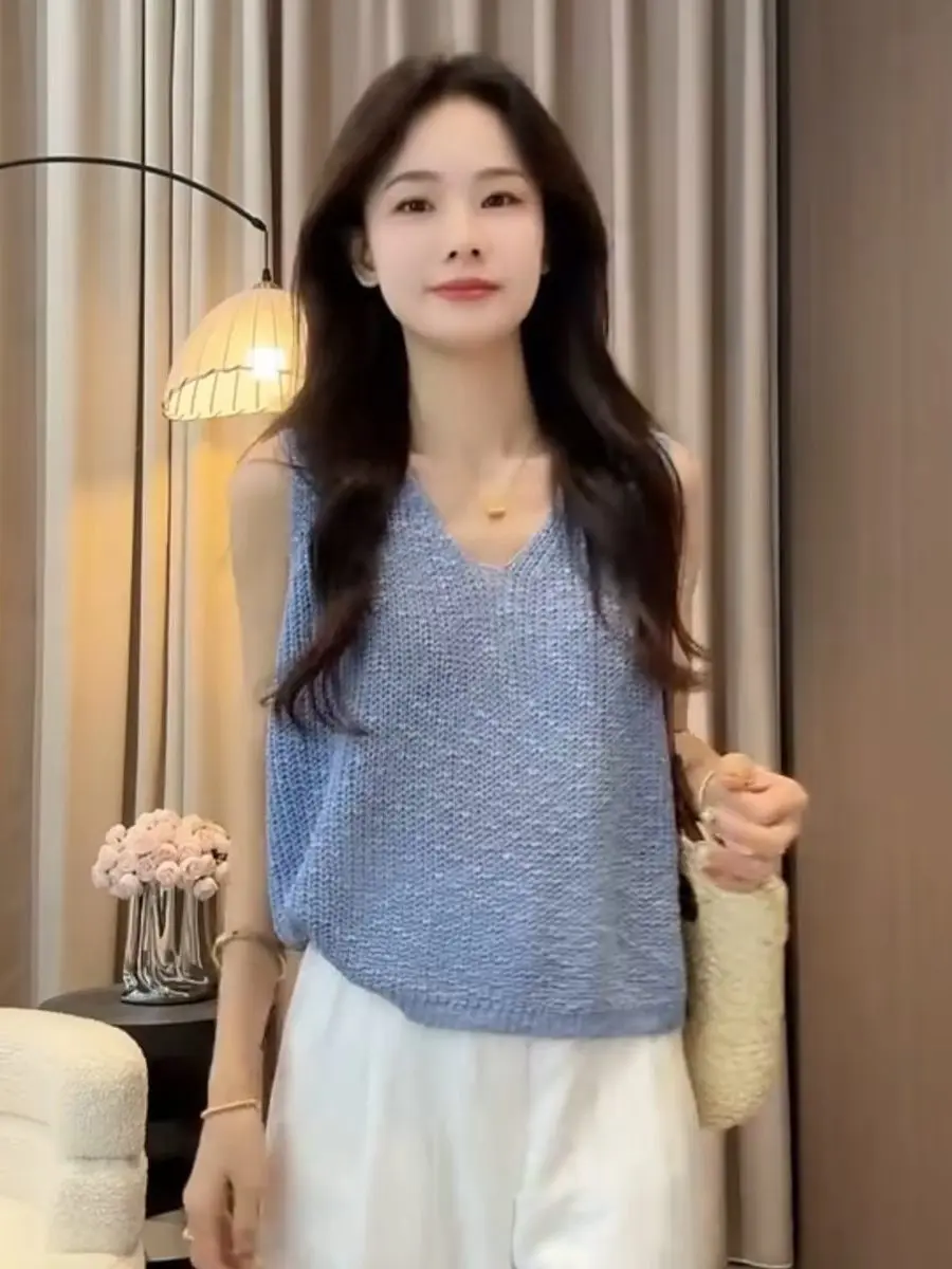 Summer Lazy Relaxing V-Neck Green Knitted Vest Women's Unique Casual Sleeveless Top Elastic Fit Long Style Citywalk Suitable