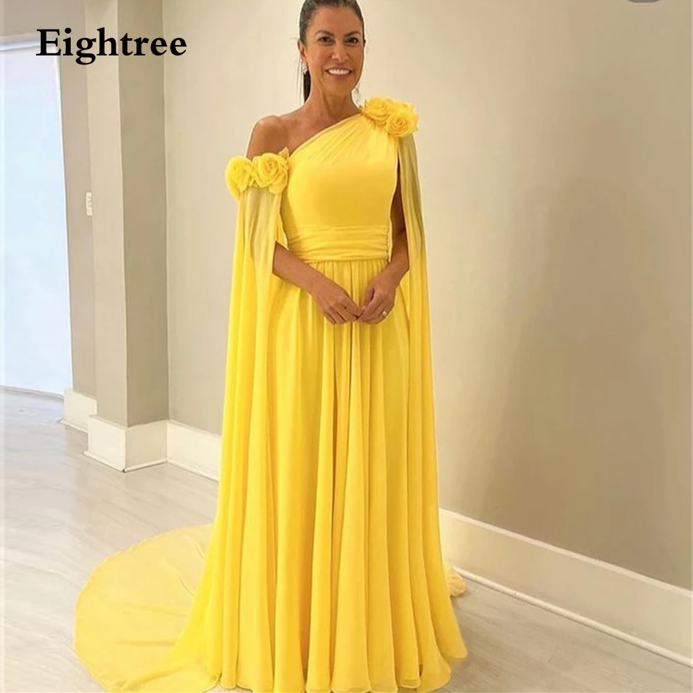 

Eightree Graceful Chiffion Evening Dresses Yellow Flowers Long A Line Cap Sleeves Party Dresses Formal Occasion Dresses 2023