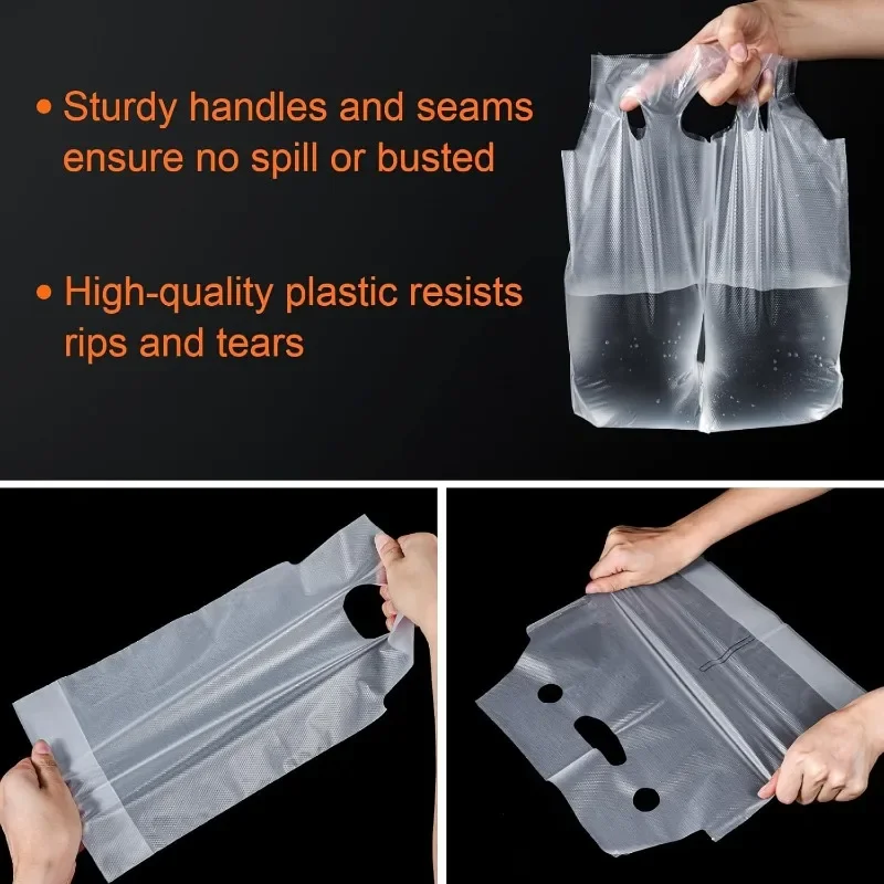 100 Pack Portable 1-Cup Drink Carrier - Clear Plastic Cup Holder w/Handle for Coffee/Tea/Juice, Take Out Bags for Restaurants