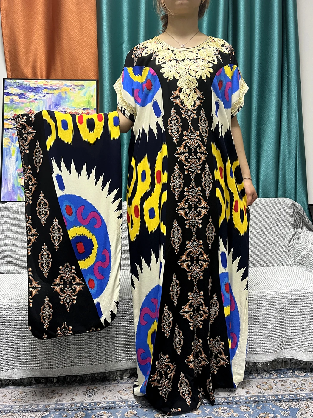 Muslim Cotton Abayas For Women 2024 New Summer Fashion Printed Appliques Loose Femme Robe African Islam Dresses With Turban