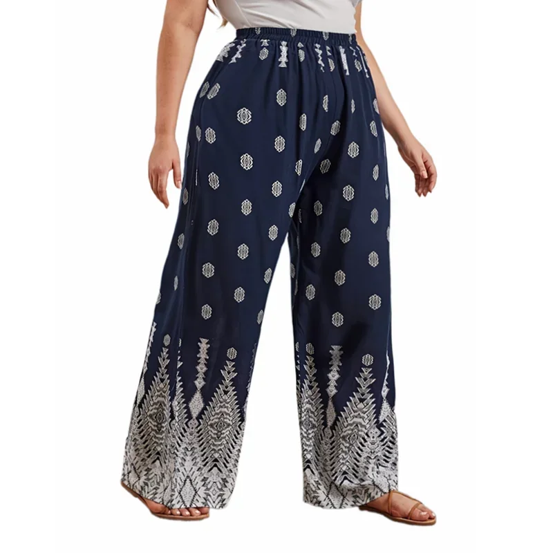 Damskie Plus Size 1XL-5XL Casual Printed Wide Leg Pants Ladies Fashion Loose Fit High Waisted Elastic Long Pants