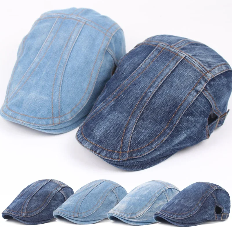 Autumn Jeans Men\'s Cowboy Beret Hat for Men Women Casual Unisex Vintage Denim Beret Cap Fitted Sun Cabbie Flat Cap Gorras