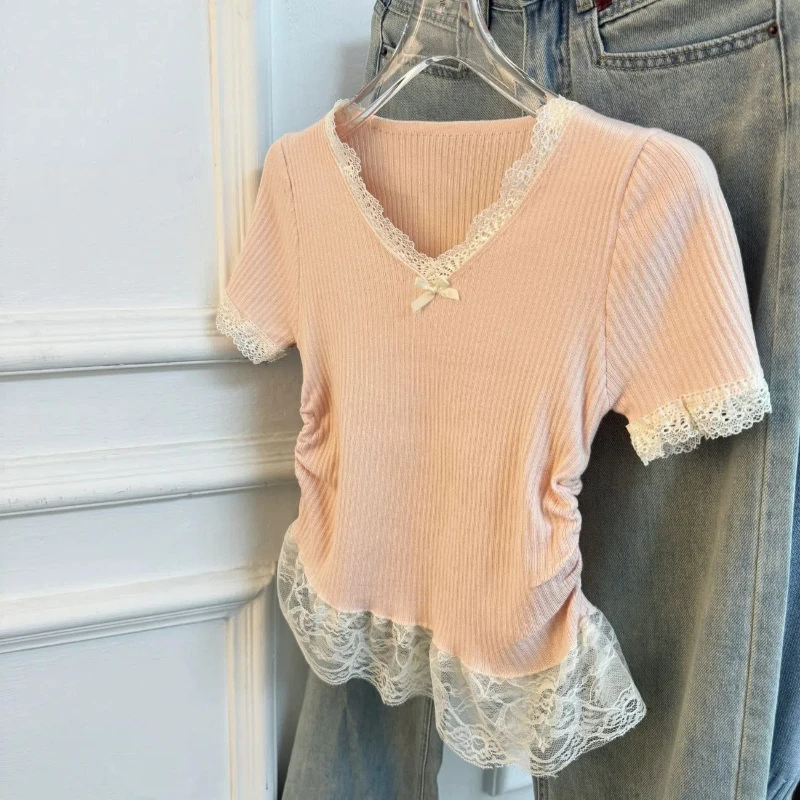 Sweet Bow Lace Patchwork Fake Two Pieces Tops Summer New Short Sleeve V Neck Youth Korean T Shirts Fashion Trend Women Clothing