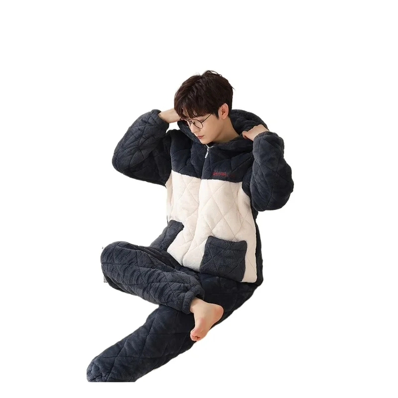 

Мужские мягкие пижамы, зимние коралловые флисовые трехслойные теплые утолщенные фланелевые куртки, очень толстый комплект домашней одежды, можно носить на улице