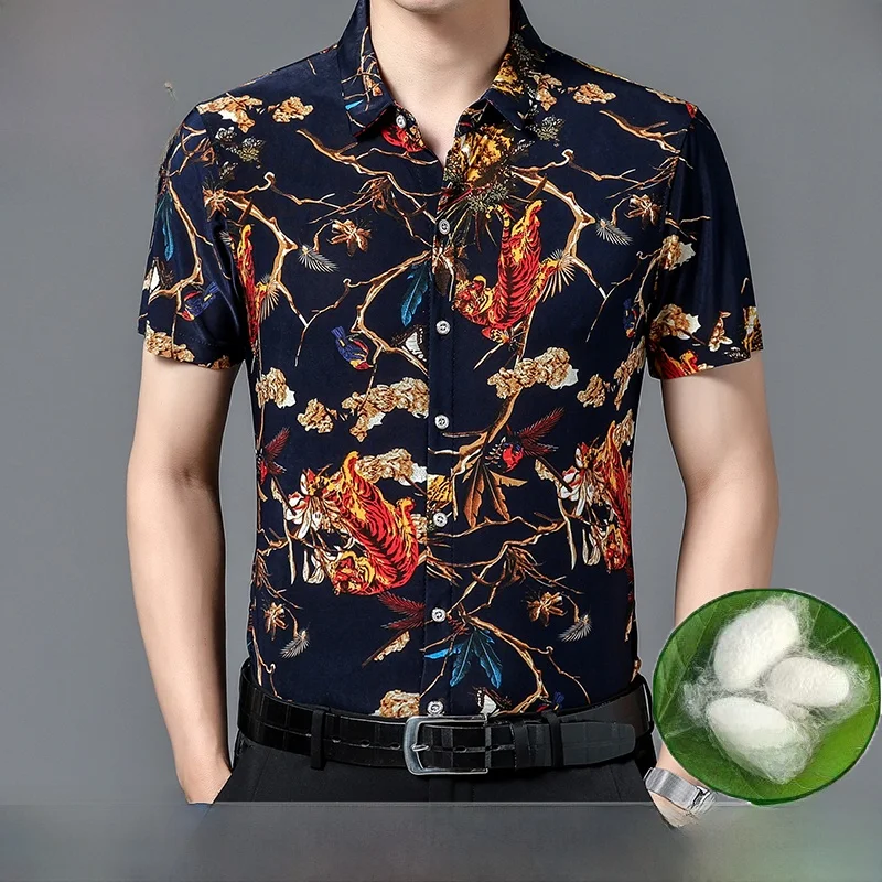 

High-End ort-Sve Silk irt Casual Lightweight Summer Mens irt Floral Print Thin Cotton And Silk Blend Button-Up irt