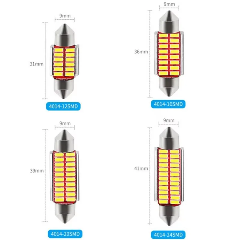 100PCS LED Canbus Festoon 31mm/36mm/39mm/41mm 4014 Bulb 12V Auto Interior Roof Reading Lamp License Plate Lights Car Dome Bulbs