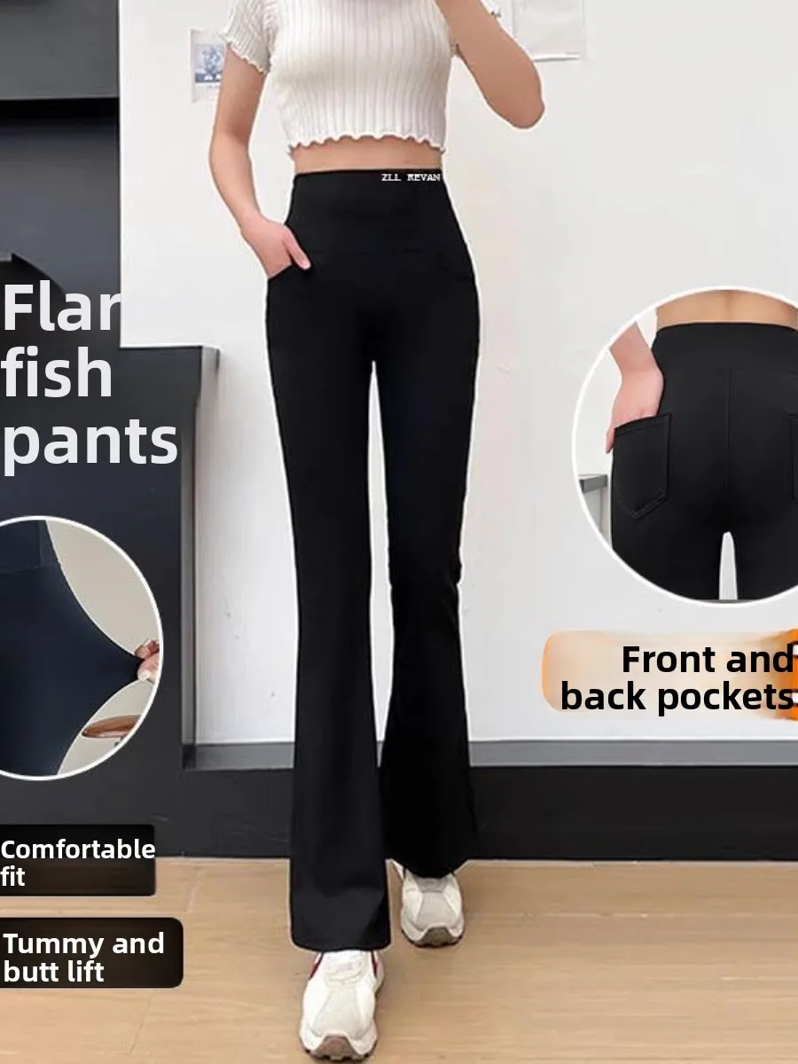 بنطلون يوجا نسائي عالي الخصر مبطن للخريف والشتاء، بنطلون ضيق مع تصميم واسع قليلاً من الأسفل، دافئ وأنيق