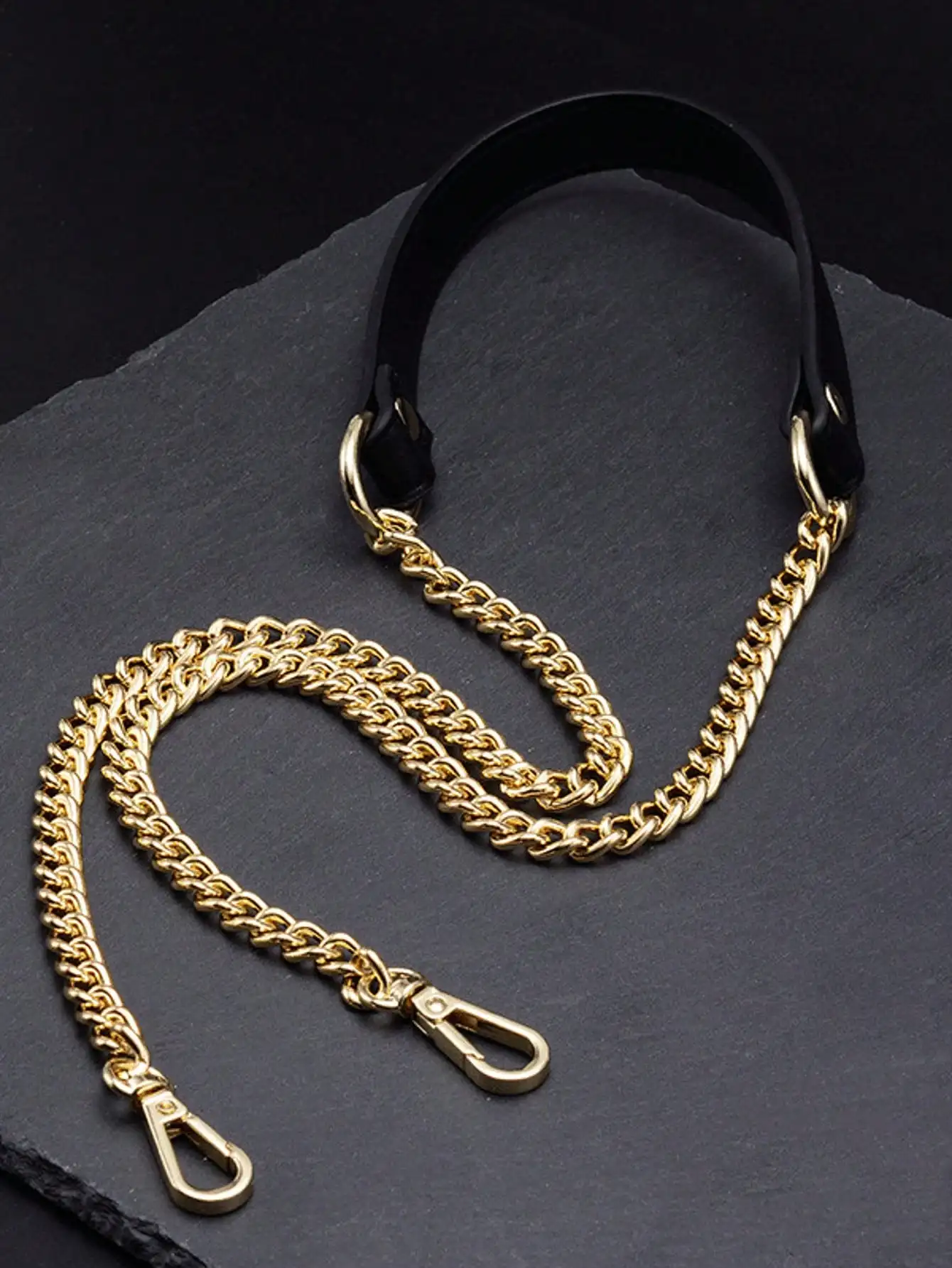 Gold Metal Chain Black PU Leather Strap Accessory