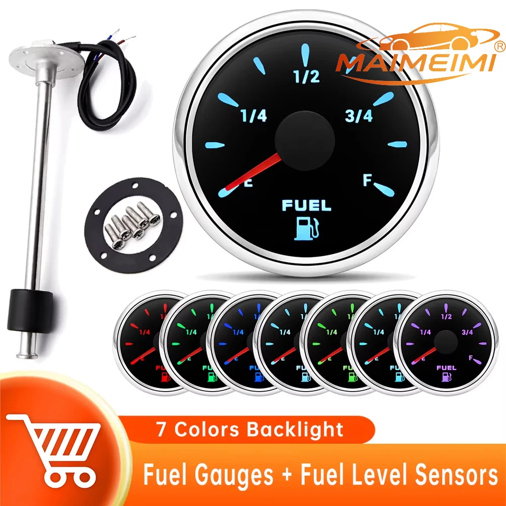 0-190 Ohm Fuel Level Gauge 52mm Digital Pointer Car Gauge with Fuel Level Sensor 100mm-550mm 7 Colors Backlight for Marine Boat