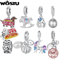 WOSTU 925 Sterling Silver Dachshund Pendant Enamel Animal Beads Ocean Pearl Charm Original for Women Bracelet DIY Party Gift