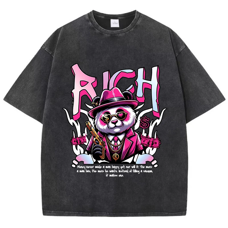 Cotton Womens Acid Wash T-Shirts Rich Cartoons Panda Printing Tees Oversize Distressed O-Neck Short Sleeve Casual Female Clothes