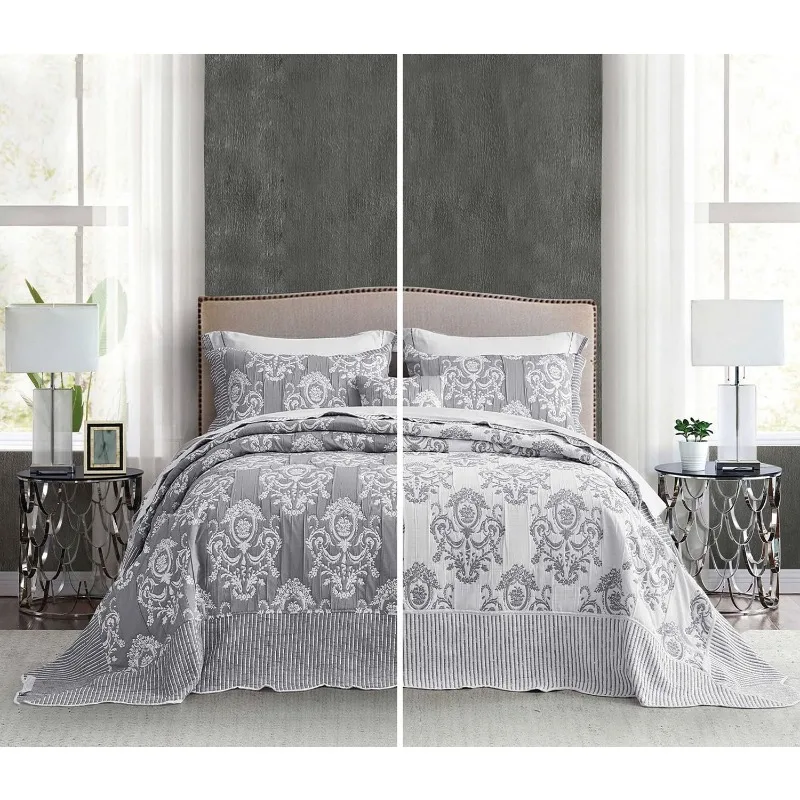 King Size Bedspread Jacquard Quilted Damask Pattern Design Lightweight Reversible