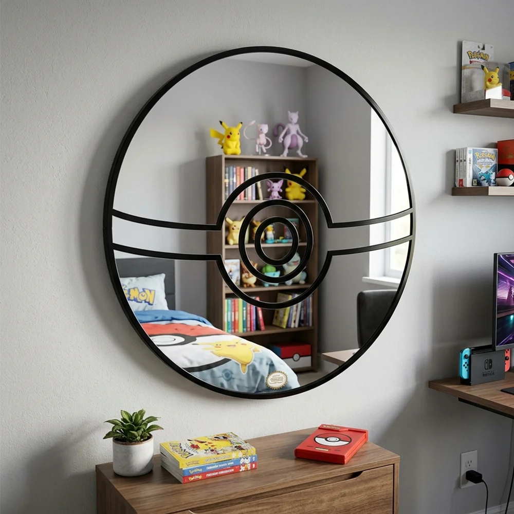 Pokemon Pokeball Wandspiegel |   Trendiges Anime-Kunstdesign, Perfekt für Schlafzimmer & Gaming-Raum, Stilvolles Deko-Geschenk für Anime-Fans