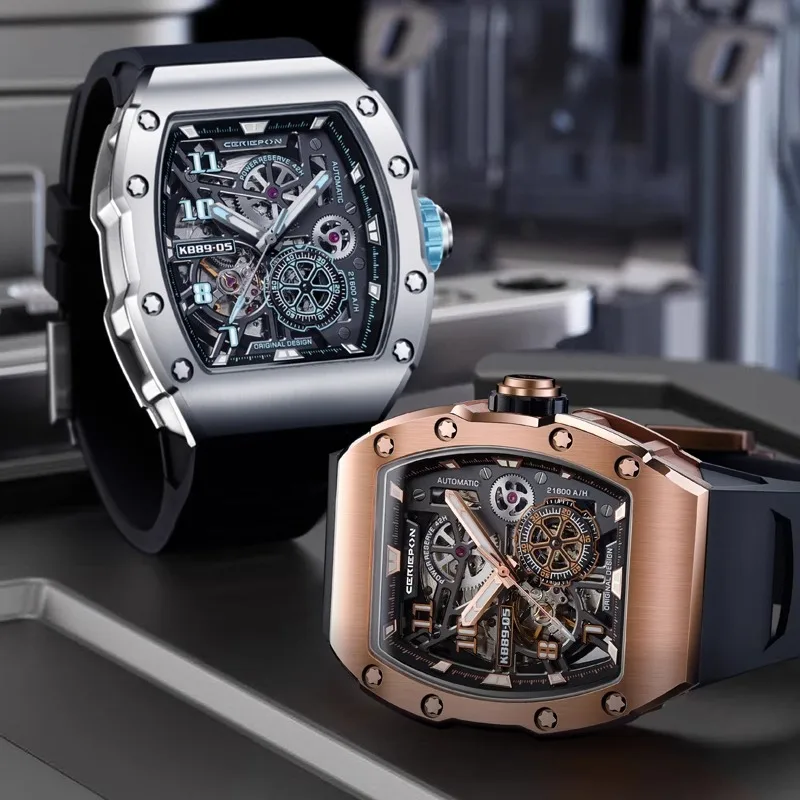 Wine Barrel Shape Men's Watch Hollowed-out Mechanical Rubber Strap Watch Sapphire Glass Sports Watch Silverstone Series Gift