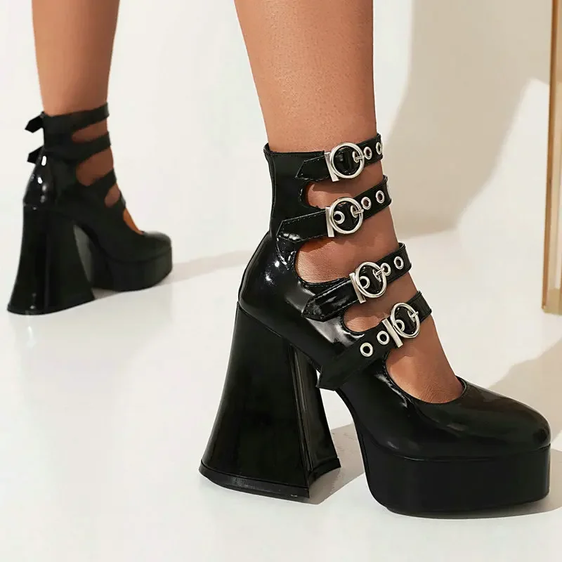 INS Stylish Street Footwear Goth High Top Boots Pumps Multi-Buckle Belt Design Hoof Chunky Heels Platform Mary Janes Women Shoes