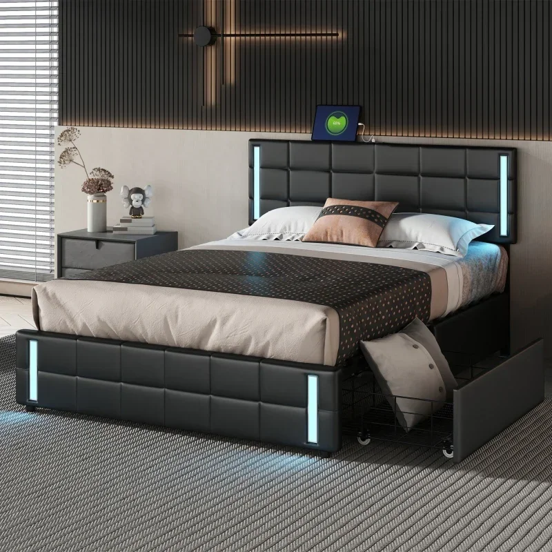 Platform Bed with LED Lights and USB Charging, Storage Bed with 4 Drawers, Black