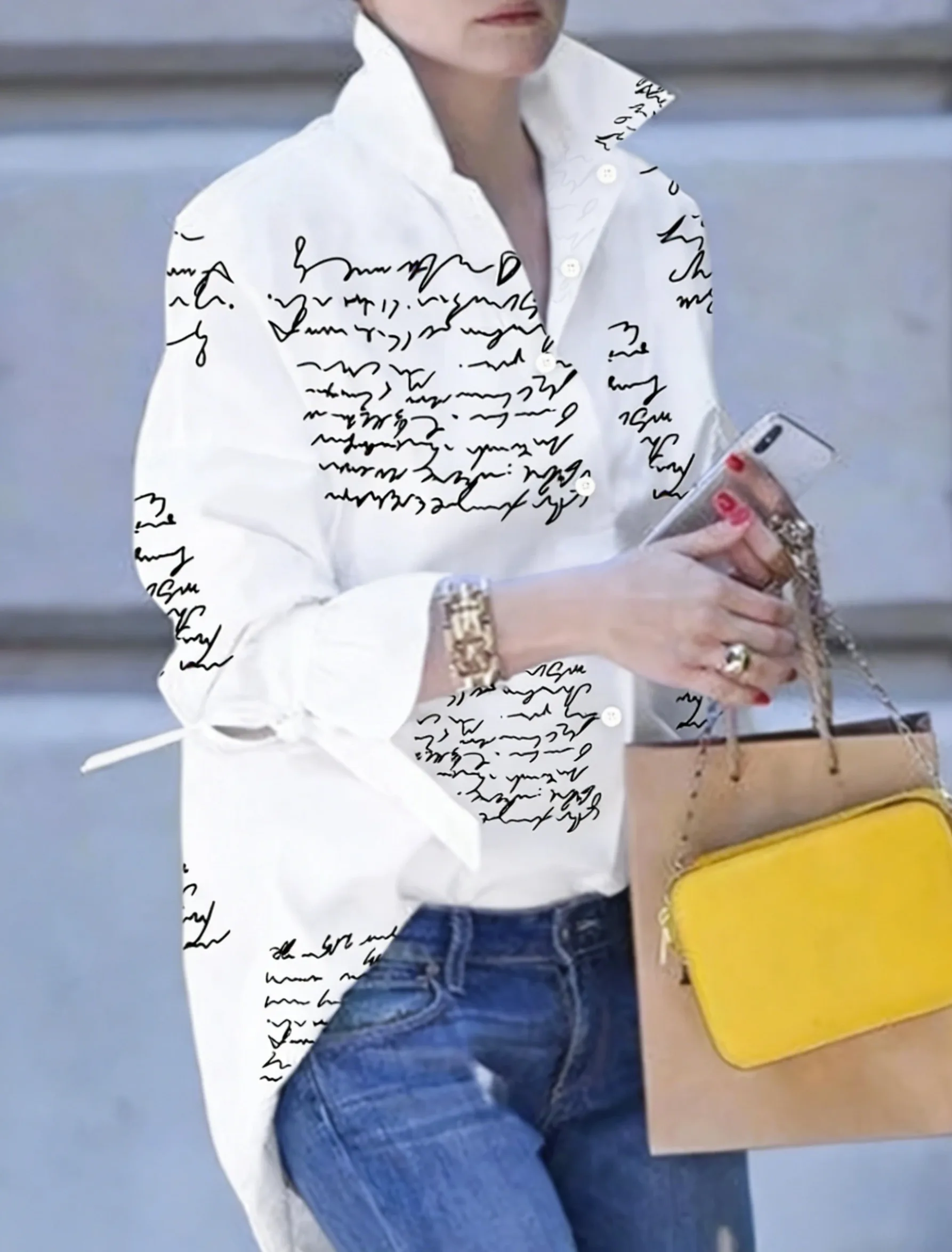 

Women's White Script Print Button Down Shirt - Casual Tie Cuff Long Sleeve Blouse for Office & Street Style
