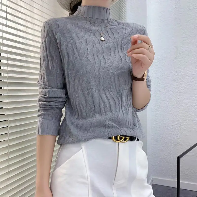 Women Autumn and Winter Korean Fashion Half High Collar Basic Knitwear Long Sleeve Slim Knitted Sweater Solid Pullover Tops Ropa