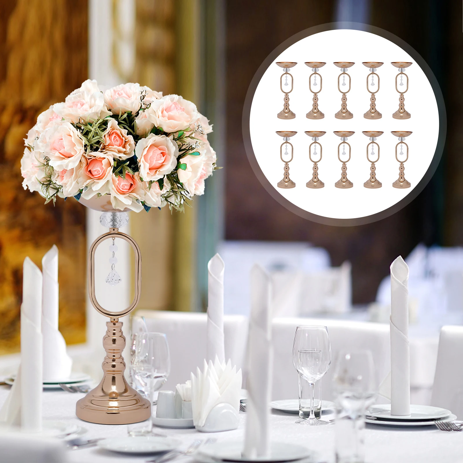 

10 Pcs Metal Flowers Vase Gold Pillar Candle Holder Floral Vases Table Decor Centrepiece Planter for Wedding Reception 15.6in