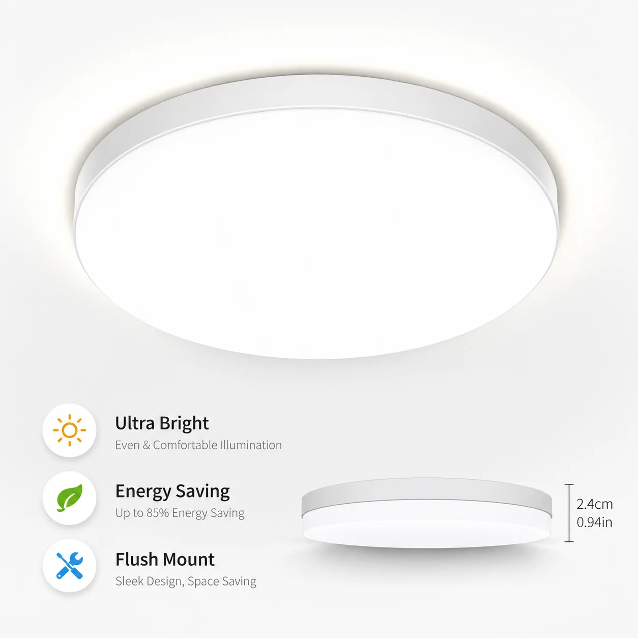Ultra-thin Round LED Ceiling Lamp Waterproof Flush Mount Fixture 6500K Daylight Modern Home Lighting for Bedroom Kitchen Hallway