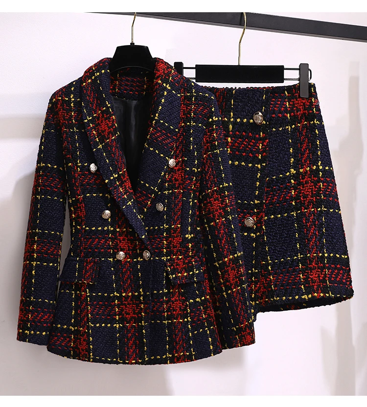 Women Elegant Tweed Short Suit Blazer Jackert Coat Top Pant Two Piece Set Matching Outfit Autumn Winter Office Work Clothing
