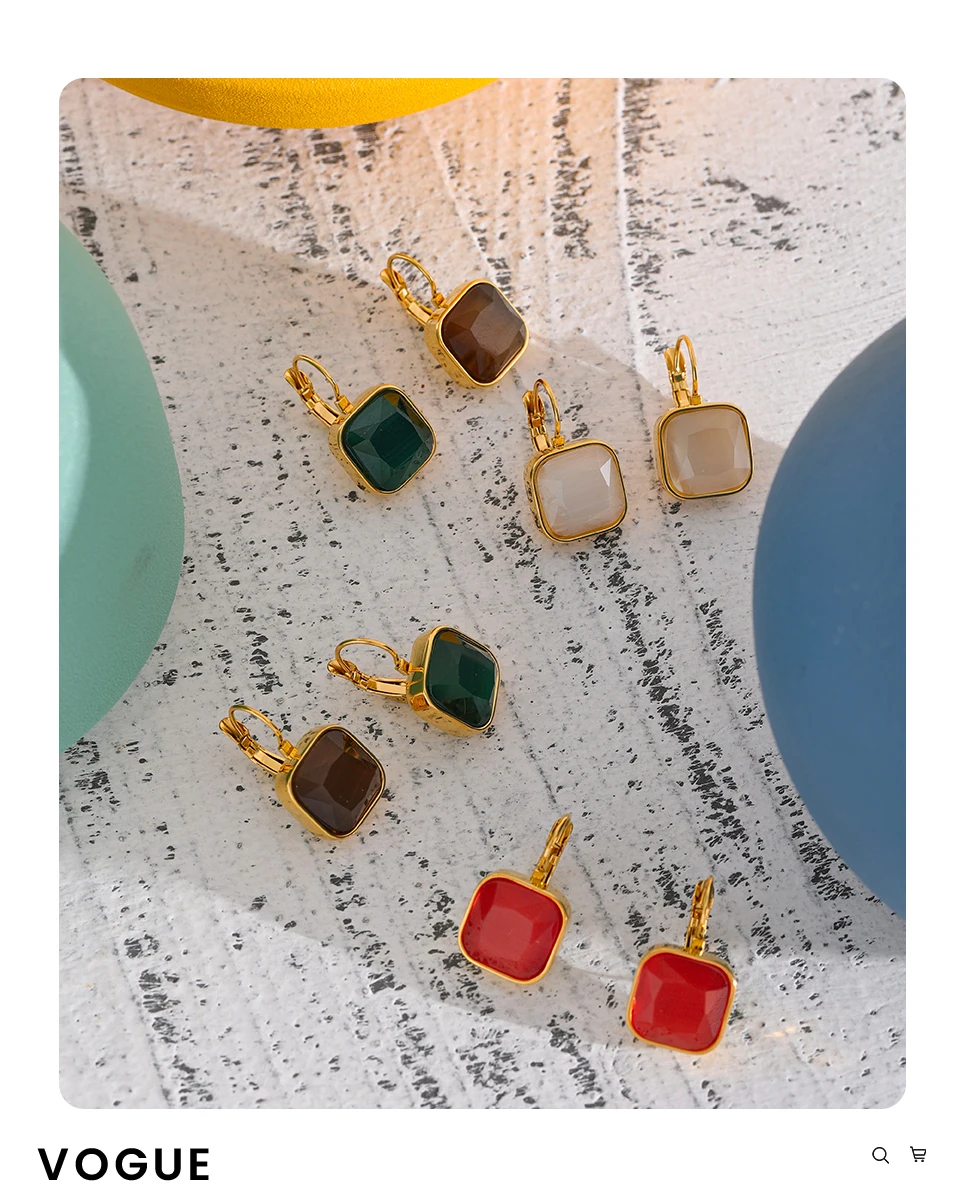 Yhpup Zarte bunte Vintage-Charm, quadratischer Opalstein, französische Hakenohrringe, Edelstahl, 18 Karat vergoldet, wasserfester Schmuck – Detail 7